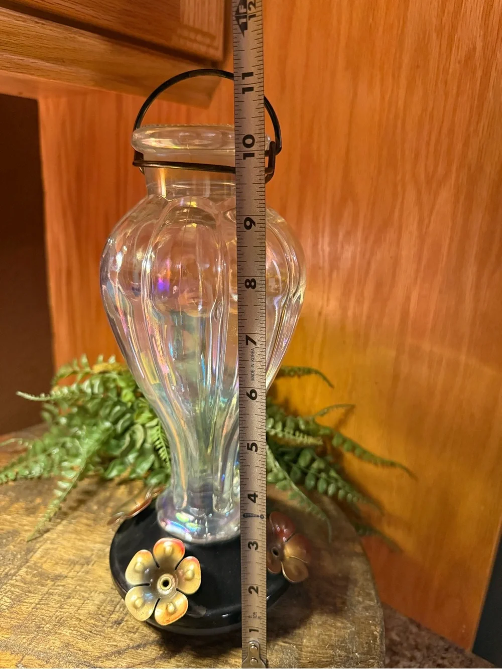 Iridescent Glass Hummingbird Feeder with Black Base